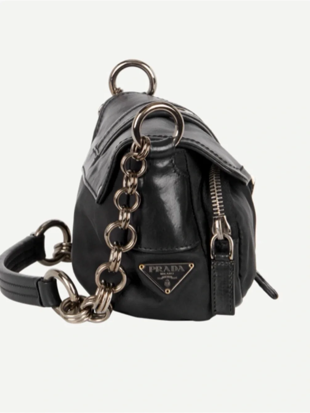 Rare Vintage PRADA Tessuto Nylon Leather Grommet Buckle Chain Shoulder Bag Y2K